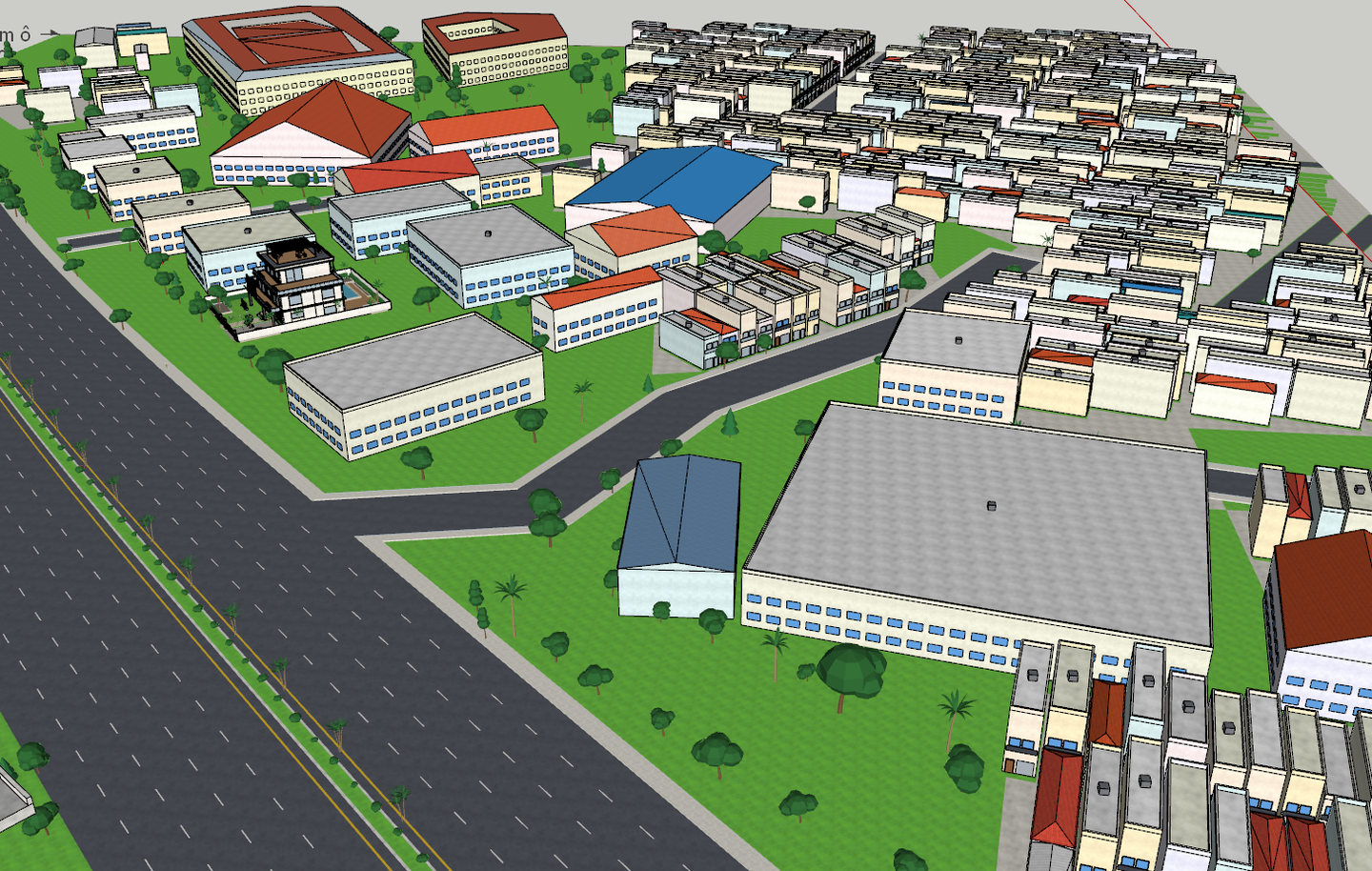 Mô hình 3D gồm nhà ở, công trình và mạng lưới đường phố trong SketchUp