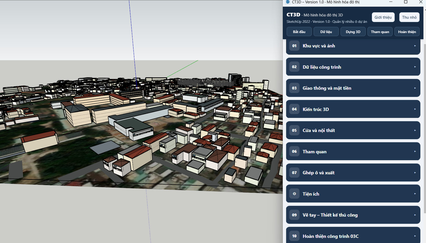 Giao diện bộ công cụ CT3D đặt cạnh mô hình SketchUp