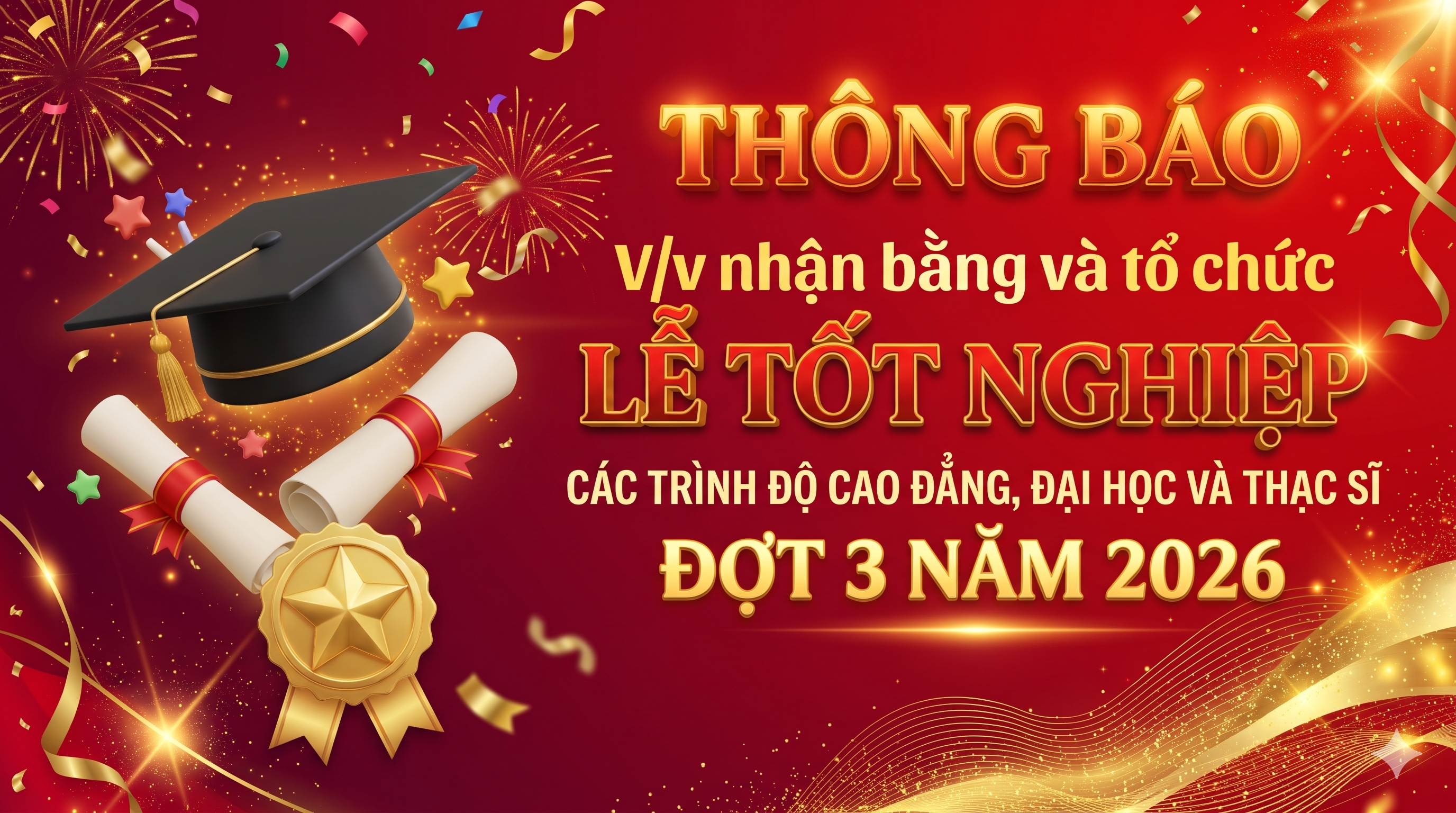 Thông báo về việc nhận bằng và tổ chức Lễ tốt nghiệp các trình độ cao đẳng, đại học và thạc sĩ - đợt 3 năm 2026